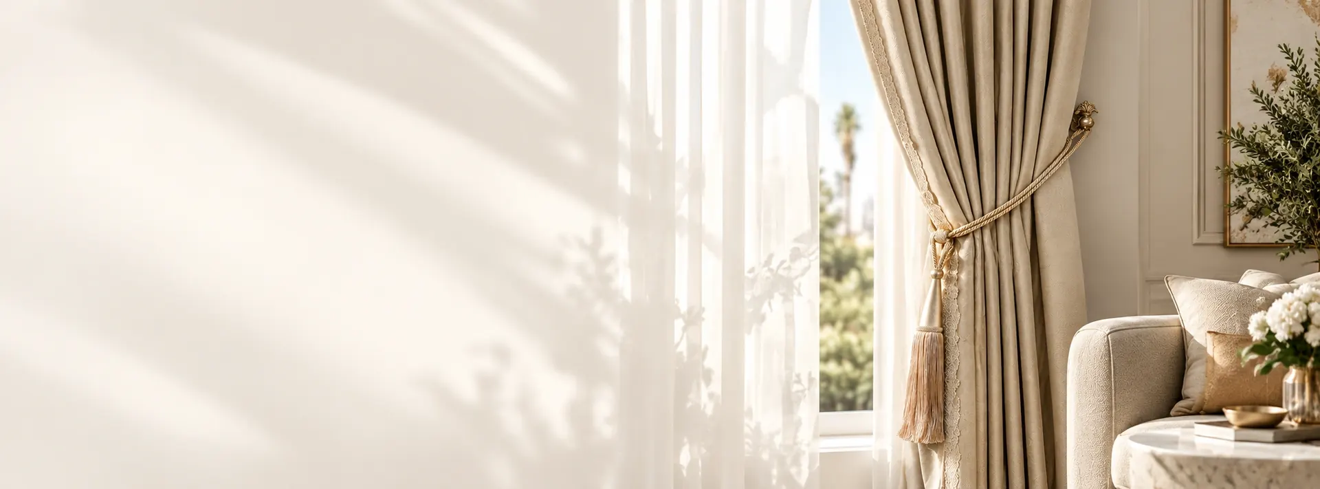 Luxury curtains with gold tieback and sheer layer
