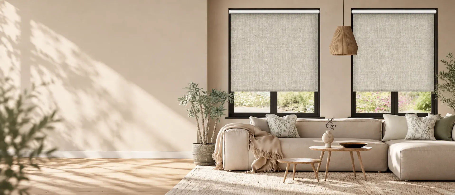Textured roller blinds on two living room windows