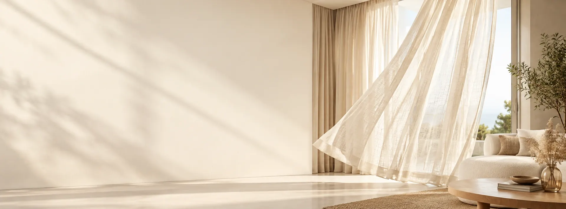 Sheer linen curtains in a bright Dubai living room